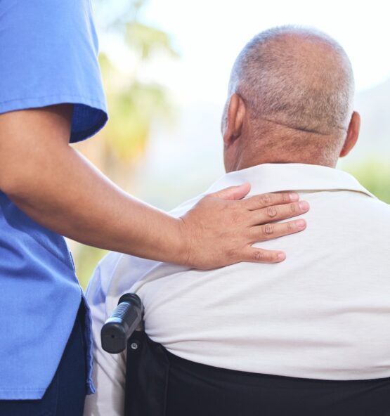 Homecare, nurse and wheelchair for disabled elderly man, with injury in spine or legs. Healthcare,