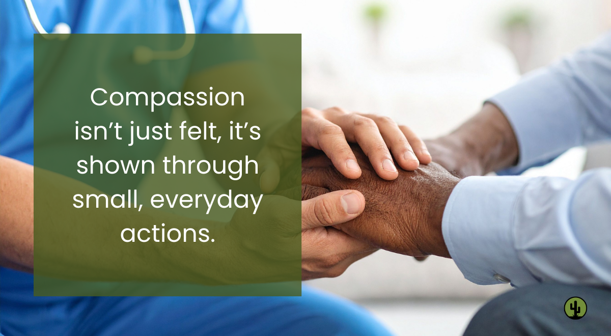 A carer holding hands with the old client showing compassion towards him