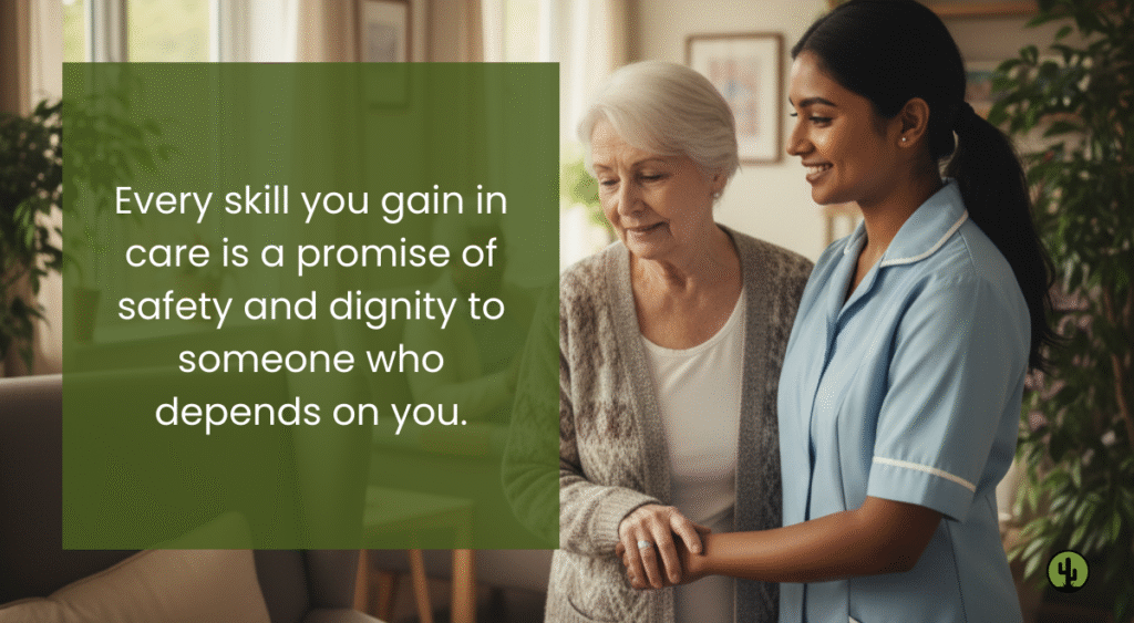 A smiling South Asian female carer helping an elderly woman walk, holding her hands gently, with motivational quote overlay.