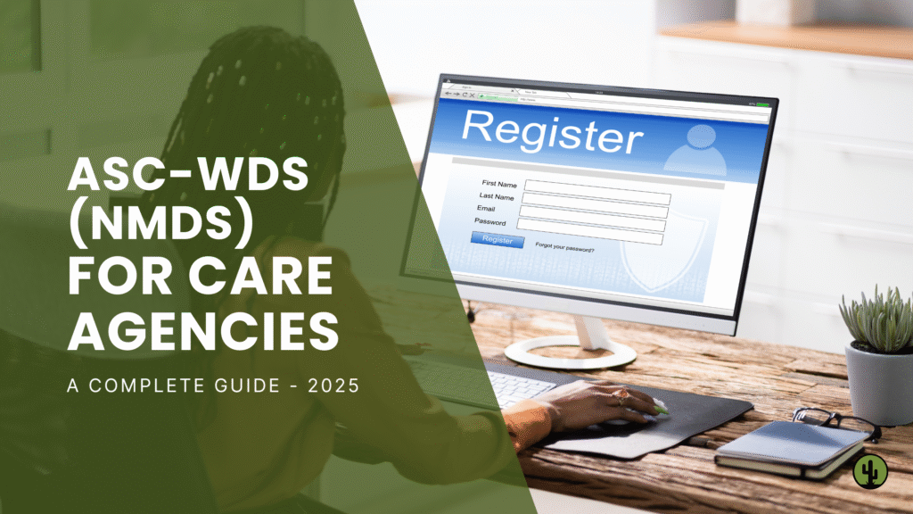 Care worker filling out an ASC-WDS registration form on a laptop, representing digital workforce registration for care agencies in the UK.