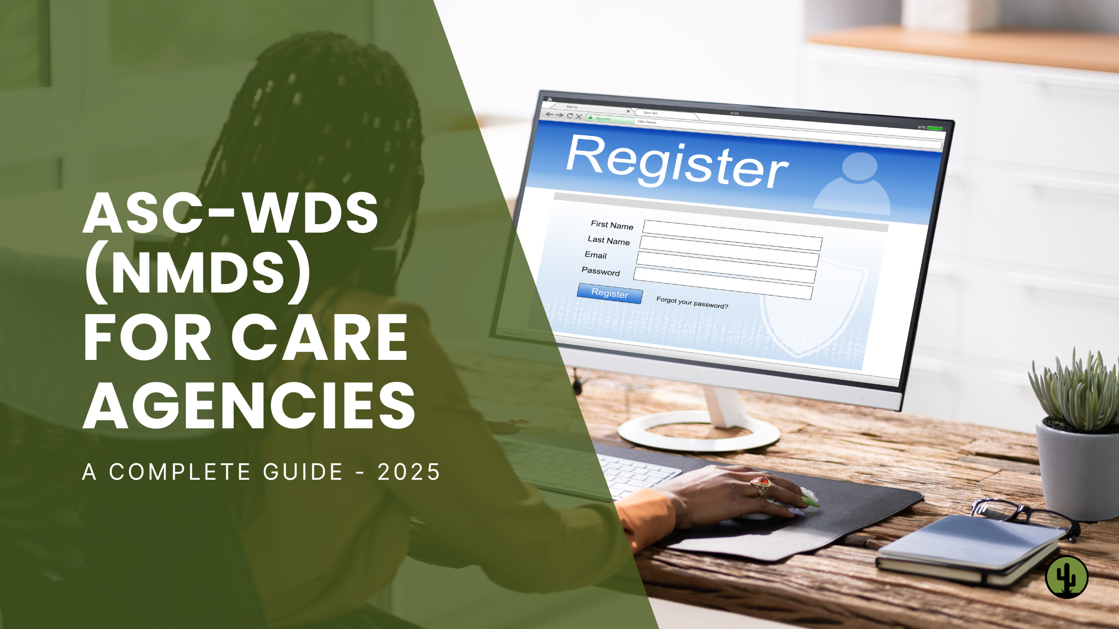 Care worker filling out an ASC-WDS registration form on a laptop, representing digital workforce registration for care agencies in the UK.