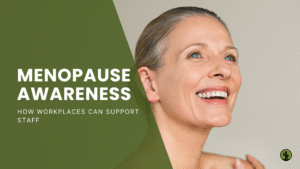Portrait of a middle-aged woman smiling, feeling confident with an text overlay of Menopause Awareness: How workplaces can support staff