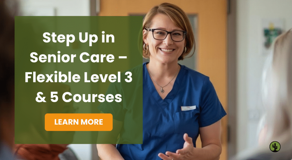 A professional and compassionate senior care worker guides a team and interacts with elderly residents in a bright common room.