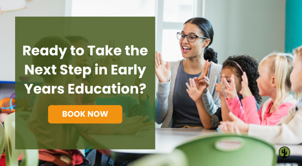 A professional educator interacting with young children in a bright nursery setting