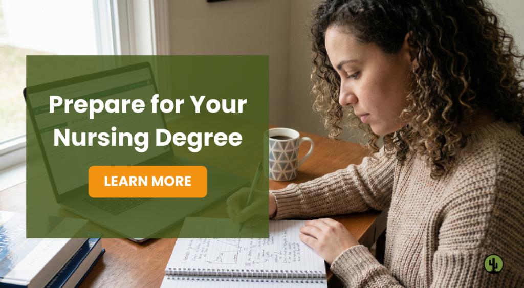An adult learner at a desk with a laptop or books preparing for nursing degree